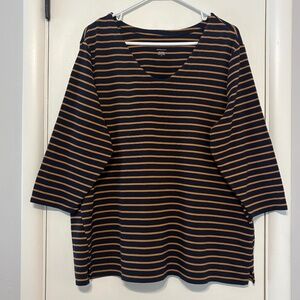 J. Jill Women's Plus Navy/Gold Stripe Forward-Seam V-Neck Tee Shirt Top 2X